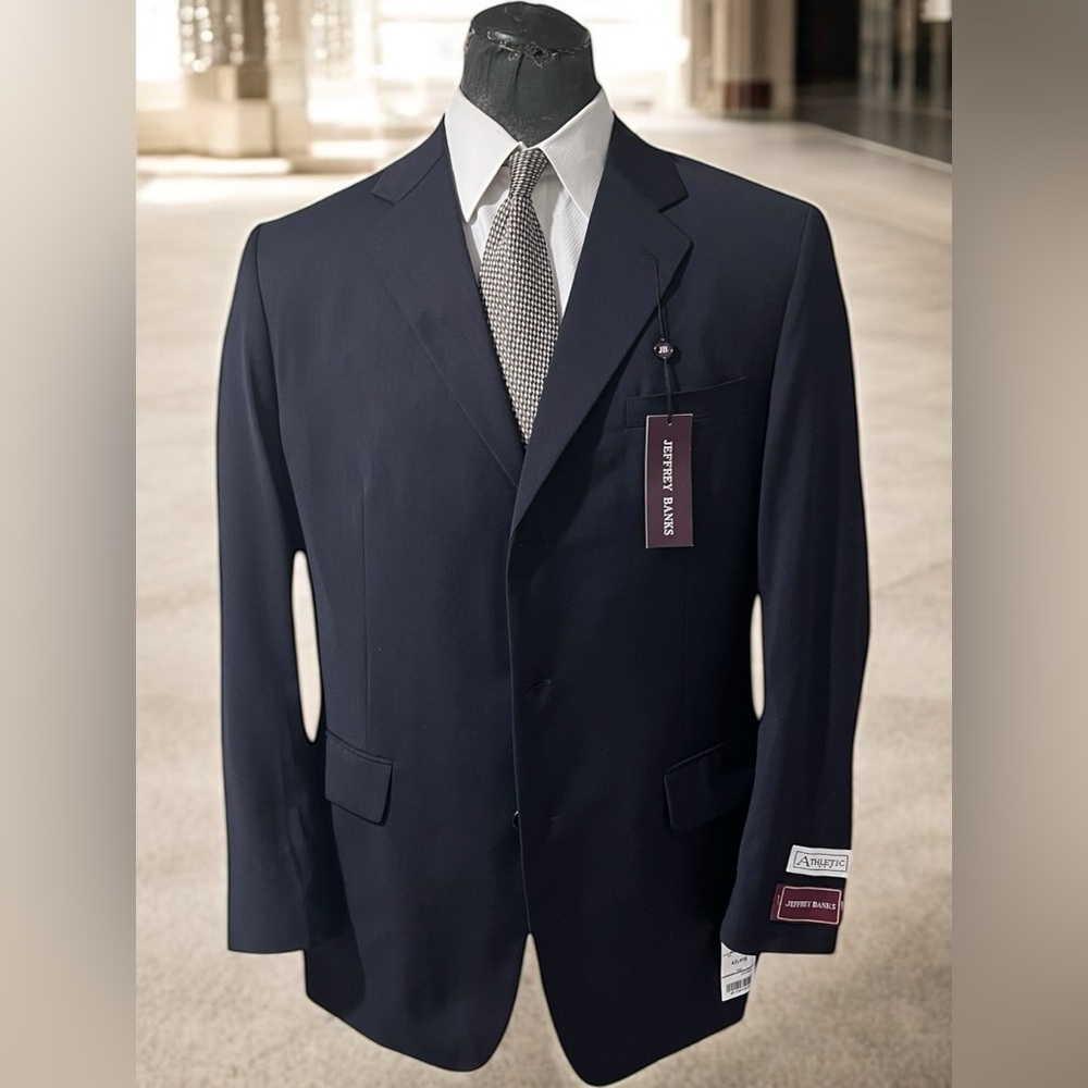Jeffrey Banks Athletic Fit, Elegant Men's Navy Suit Jacket Stunning 100% Wool.☑️